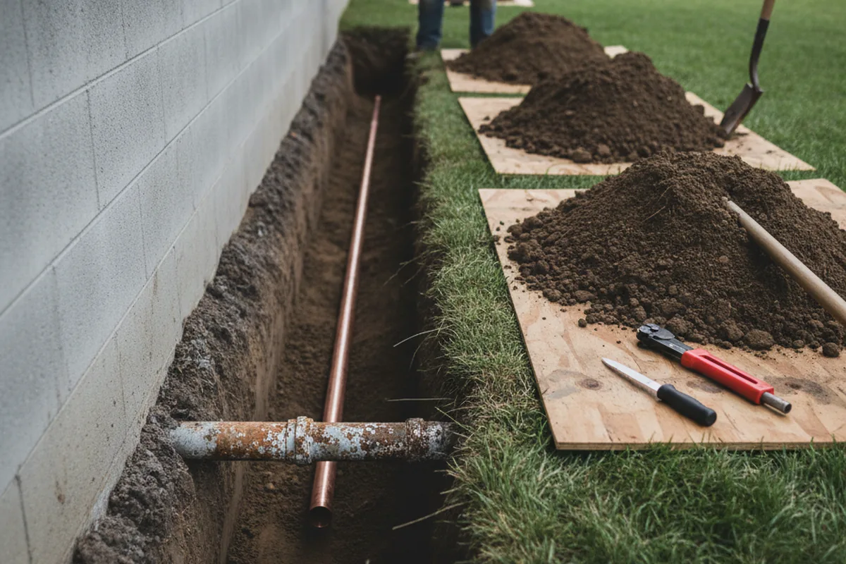 Excavated water line trench during Water Heater Repair in Elmora